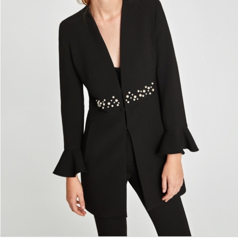Zara Black Frock/Blazer/Coat/Jacket with Faux Pearls